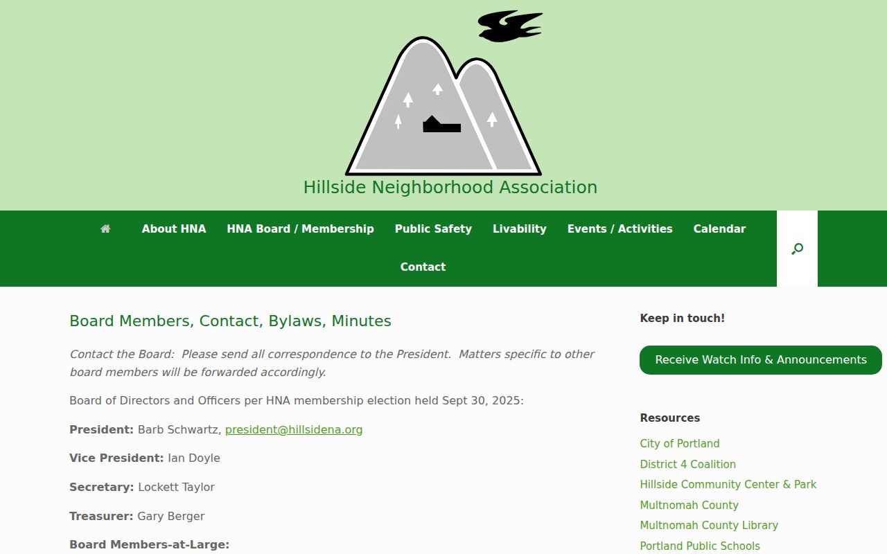 Hillside neighbors Neighborhood Association board and community contact page